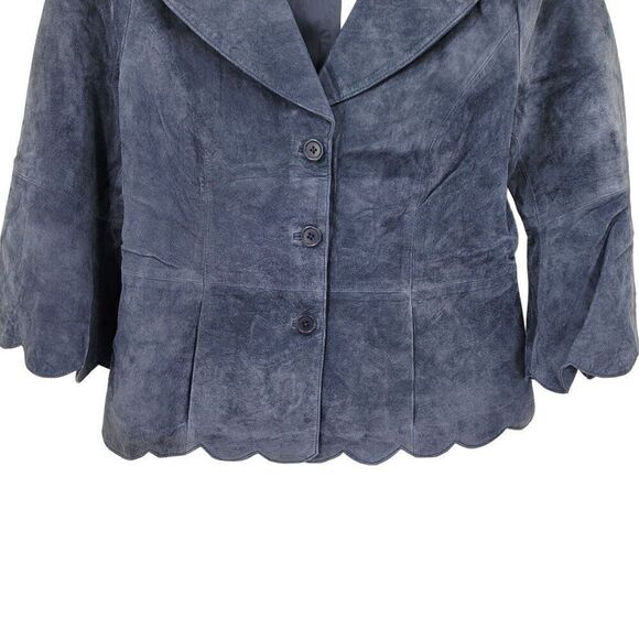 Vintage Suede Leather Scalloped Bell Cropped Blazer Jacket 12 Blue Shawl Peplum - Picture 5 of 11